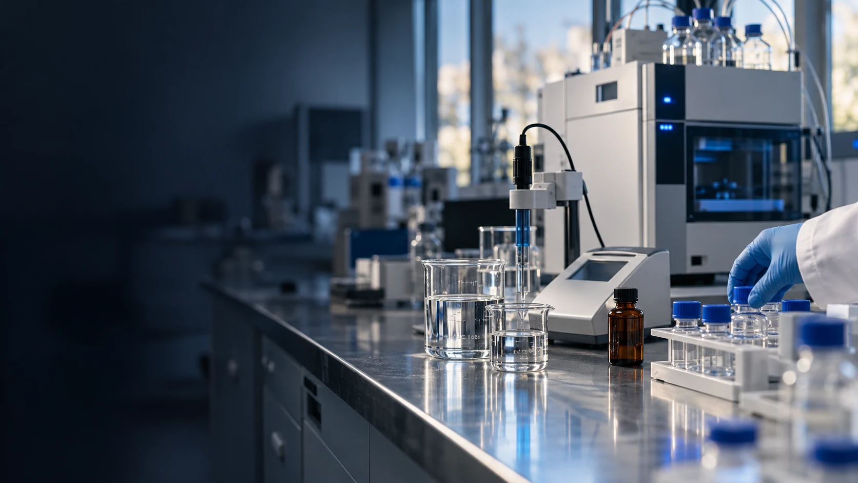 Generated concept image: water chemistry laboratory bench, not an actual WSH facility