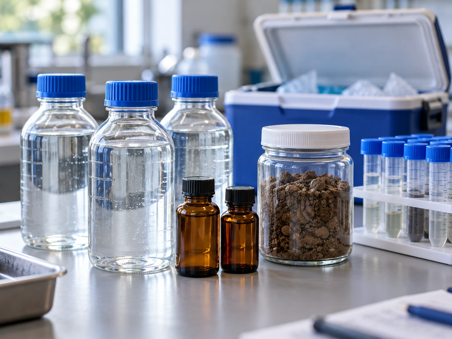 Generated concept image: sealed water and soil sample containers